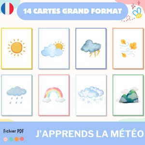 Tarjetas de nomenclatura meteorológica para niños, tarjetas de aprendizaje del tiempo en acuarela, tarjetas semanales de jardín de infantes, tarjetas Montessori imprimibles, PDF
