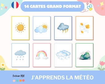 Cartes nomenclature météo pour enfant, cartes apprentissage météo aquarelle, cartes semainier maternelle, cartes Montessori imprimable, PDF