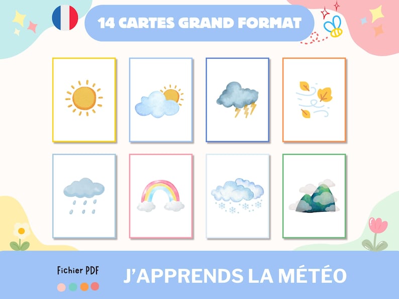 Photo de présentation où il y a 8 cartes illustrées en aquarelle représentant différents temps de la météo. Les cartes représentent le soleil, le soleil et un nuage, le vent, la pluie, un arc-en-ciel, la neige et le brouillard.