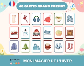Cartes apprentissage saison hiver, imagier Montessori pour enfant, cartes saisons illustration aquarelle, activité maternelle imprimable PDF