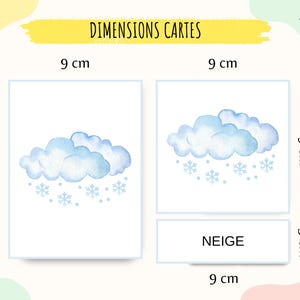 Cette image montre les dimensions des cartes. Les cartes grand format font 9 cm en largeur et 12 cm de hauteur. Les cartes moyen format font 9 cm sur 9 cm et les étiquette mot font 9 cm en largeur sur 3cm en hauteur.