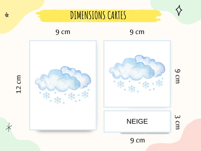 Cette image montre les dimensions des cartes. Les cartes grand format font 9 cm en largeur et 12 cm de hauteur. Les cartes moyen format font 9 cm sur 9 cm et les étiquette mot font 9 cm en largeur sur 3cm en hauteur.