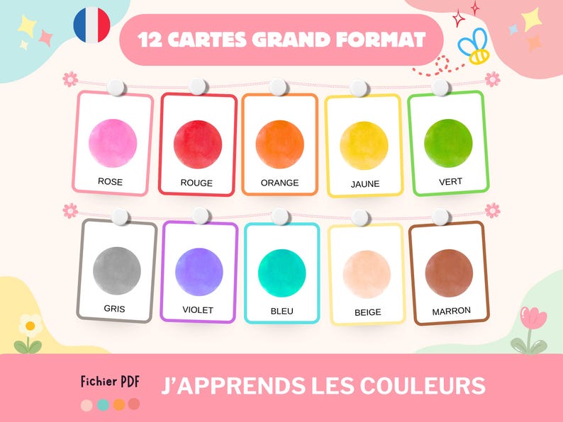 L'image représente 10 cartes grand format pour apprendre les couleurs. Les couleurs suivantes sont représentées : rose, rouge, orange, jaune, vert, gris, violet, bleu, beige et marron.