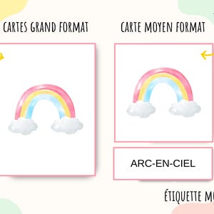 L’image montre les différents formats des cartes : une carte représentant un arc-en-ciel en grand format et une autre carte représentant également un arc-en-ciel mais en moyen format avec une étiquette à découper pour le mot arc-en-ciel.