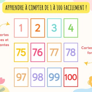 L’image présente plusieurs cartes de nombres. Les cartes sont colorées.  Il est écrit : apprendre les nombres de 1 à 100 facilement ! 100 cartes colorées et attrayantes, cartes grand format.