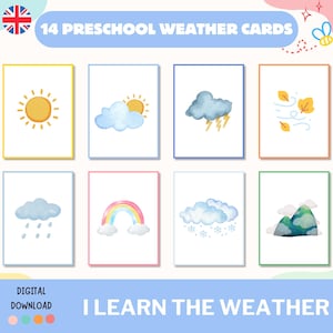 Cartes nomenclature météo en anglais, cartes apprentissage météo en aquarelle, semainier pour enfants, activité Montessori imprimable, PDF