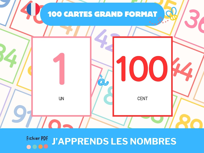 L’image montre 2 cartes grand format représentant le chiffre 1 et le nombre 100. Il est noté j’apprends les nombres, 100 cartes grand format.
