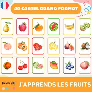 Cartes nomenclature sur les fruits, imagier enfant fruits en aquarelle, Jeu Montessori, activité école à la maison, cartes école maternelle