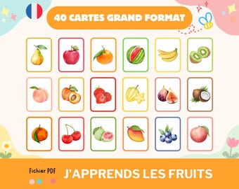 Cartes nomenclature sur les fruits, imagier enfant fruits en aquarelle, Jeu Montessori, activité école à la maison, cartes école maternelle