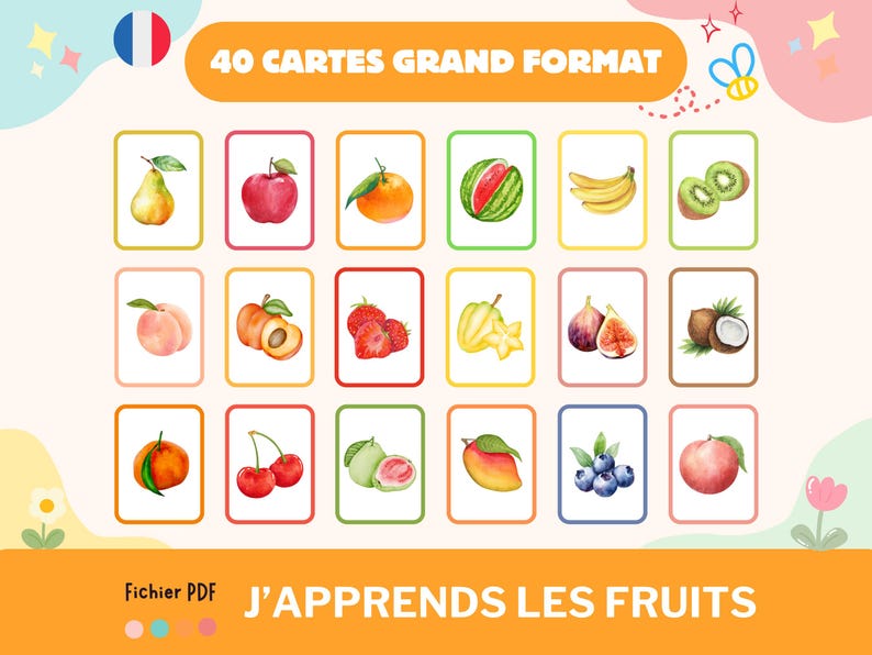 Cartes nomenclature sur les fruits, imagier enfant fruits en aquarelle, Jeu Montessori, activité école à la maison, cartes école maternelle image 1
