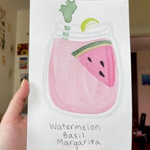 Watercolor Margarita Painting, Hand Painted Cocktail Art, Bar Decor, Cocktail Painting, Margarita Wall Decor, Watermelon Margarita Painting