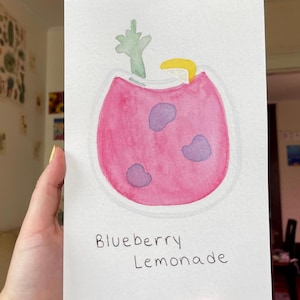Watercolor Blueberry Lemonade Cocktail Painting, Hand Painted Cocktail Art, Bar Decor, Cocktail Watercolor Print, Cocktail Sign Wall Decor