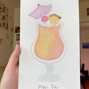 Watercolor Mai Tai Painting, Hand Painted Cocktail Art, Bar Decor, Cocktail Watercolor Print, Mai Tai Wall Decor, Tropical Cocktail Sign