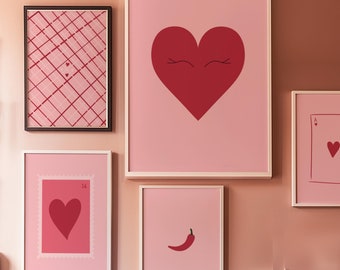 Láminas de arte mural en rosa y rojo, decoración minimalista (descarga digital)