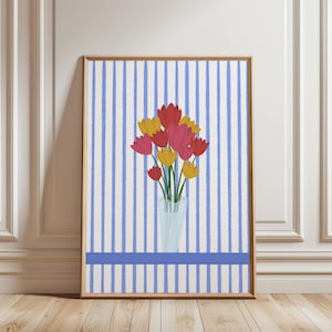 Impresión digital de ramo de tulipanes, arte de pared floral minimalista moderno, póster de flores en jarrón, impresión de rayas, colorido, tulipanes, regalo de San Valentín