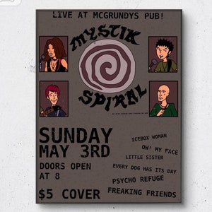 Op de afbeelding: Poster voor een livemuziekevenement in McGrundy's Pub, met de band Mystik Spiral. De poster heeft een bruine achtergrond met de naam van de band en een spiraalontwerp. De datum is zondag 3 mei.