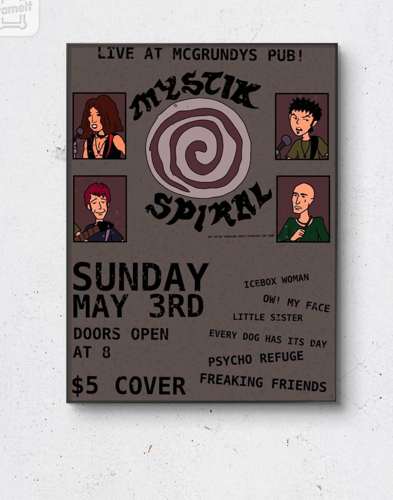 Op de afbeelding: Poster voor een livemuziekevenement in McGrundy's Pub, met de band Mystik Spiral. De poster heeft een bruine achtergrond met de naam van de band en een spiraalontwerp. De datum is zondag 3 mei.
