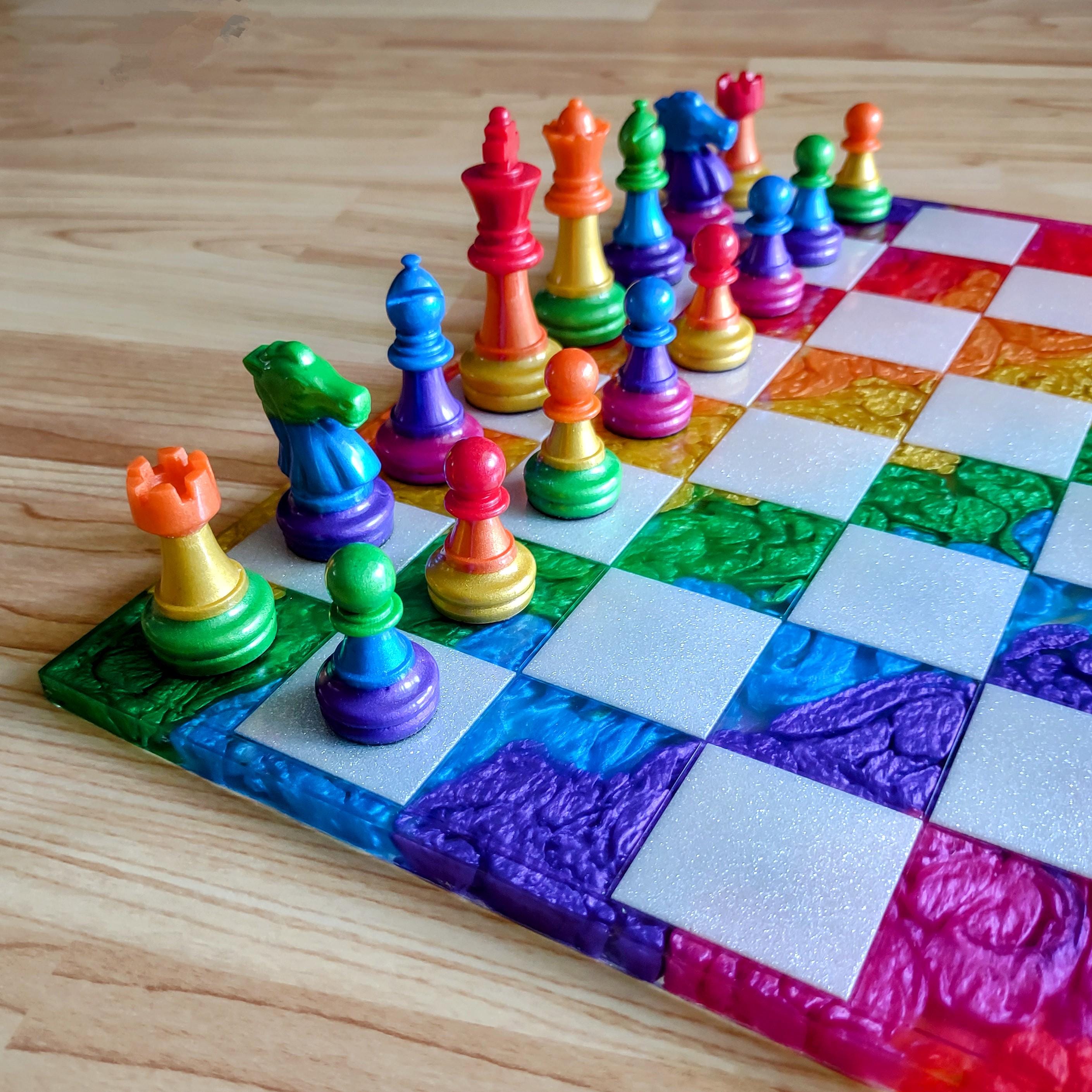 15-Inch Rainbow Resin Chess Set – Handmade Family Board Game - Thumbnail 4