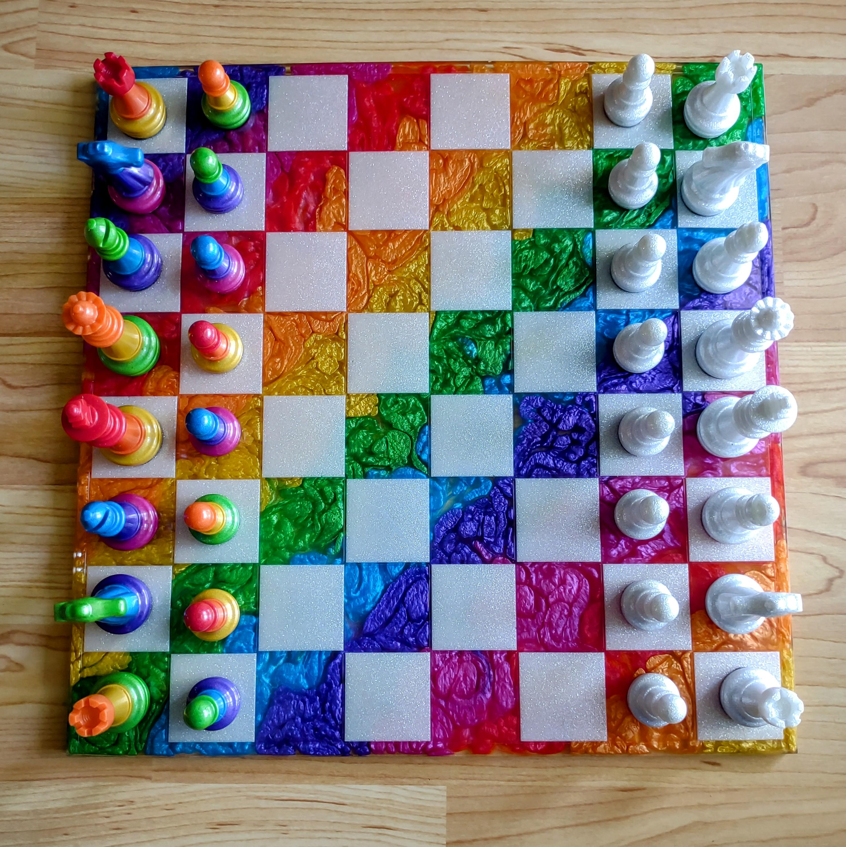 15-Inch Rainbow Resin Chess Set – Handmade Family Board Game - Thumbnail 3
