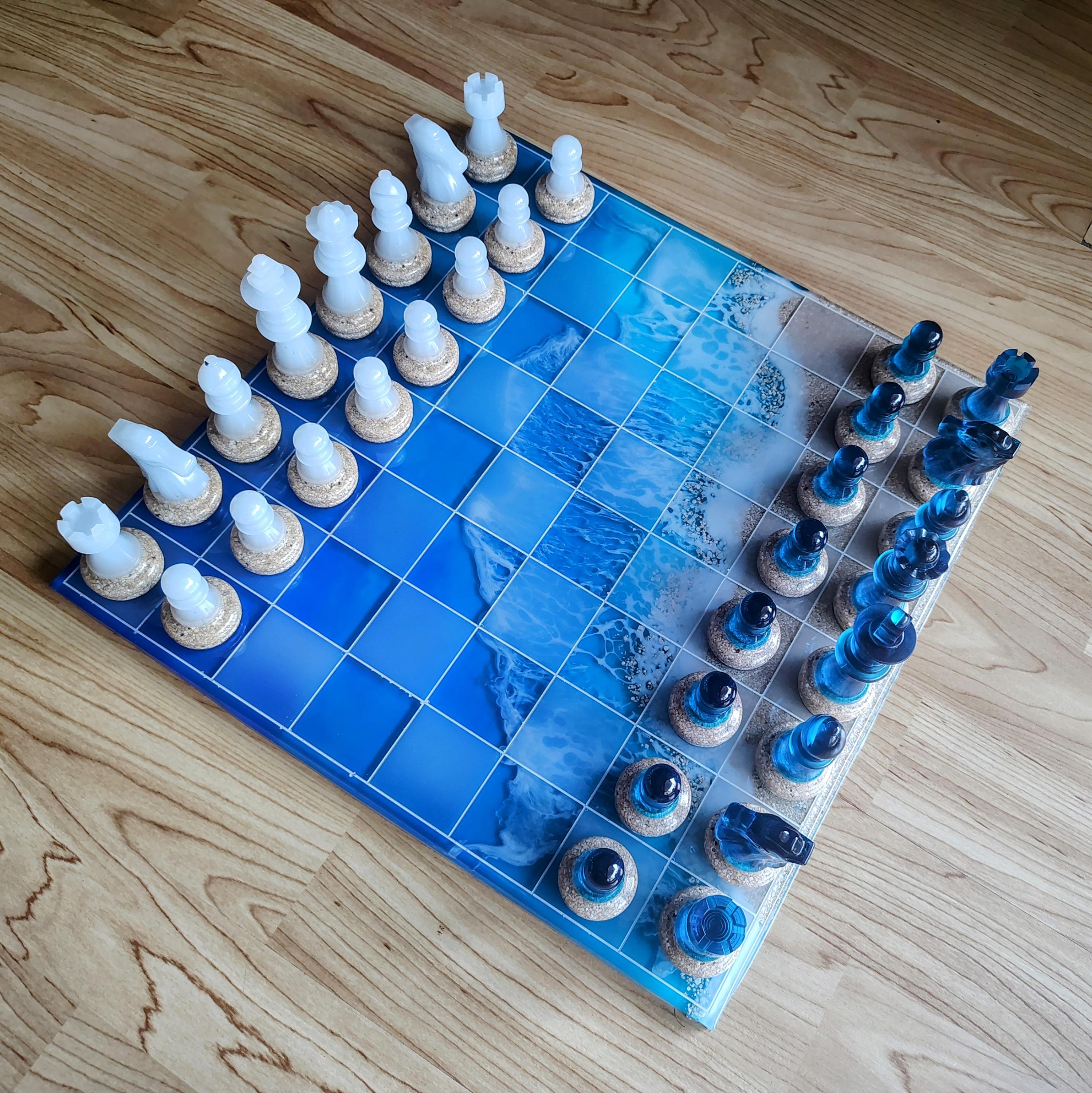 15-Inch Beach Resin Chess & Checkers Set – Handmade Ocean Board - Thumbnail 4