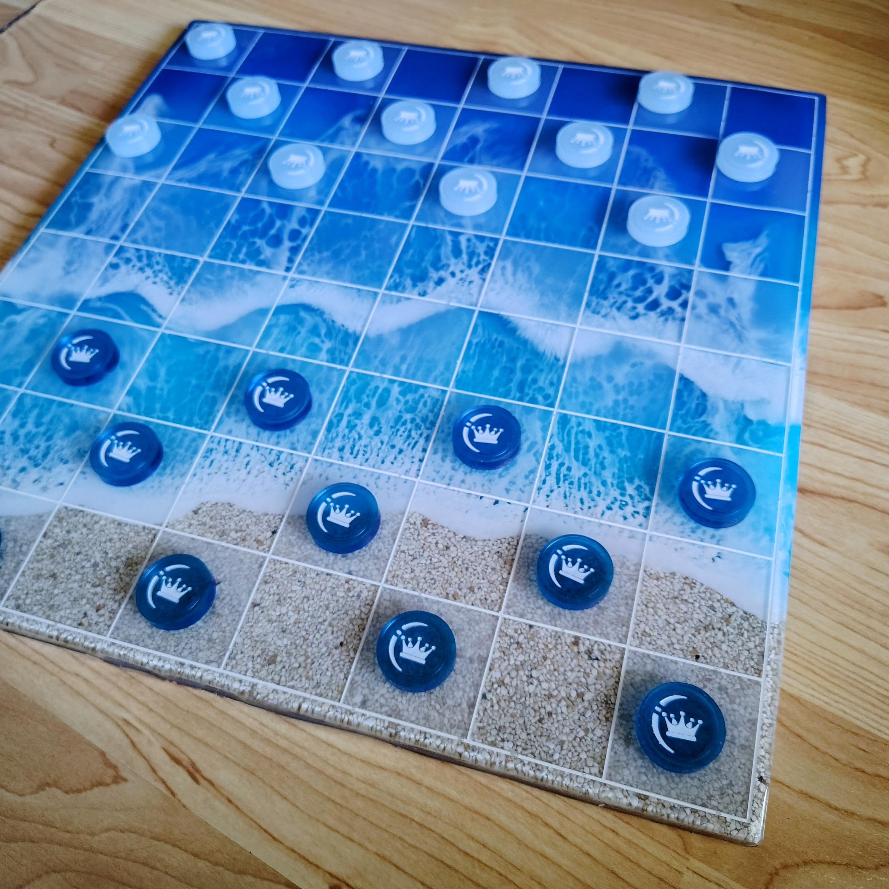 15-Inch Beach Resin Chess & Checkers Set – Handmade Ocean Board - Thumbnail 3