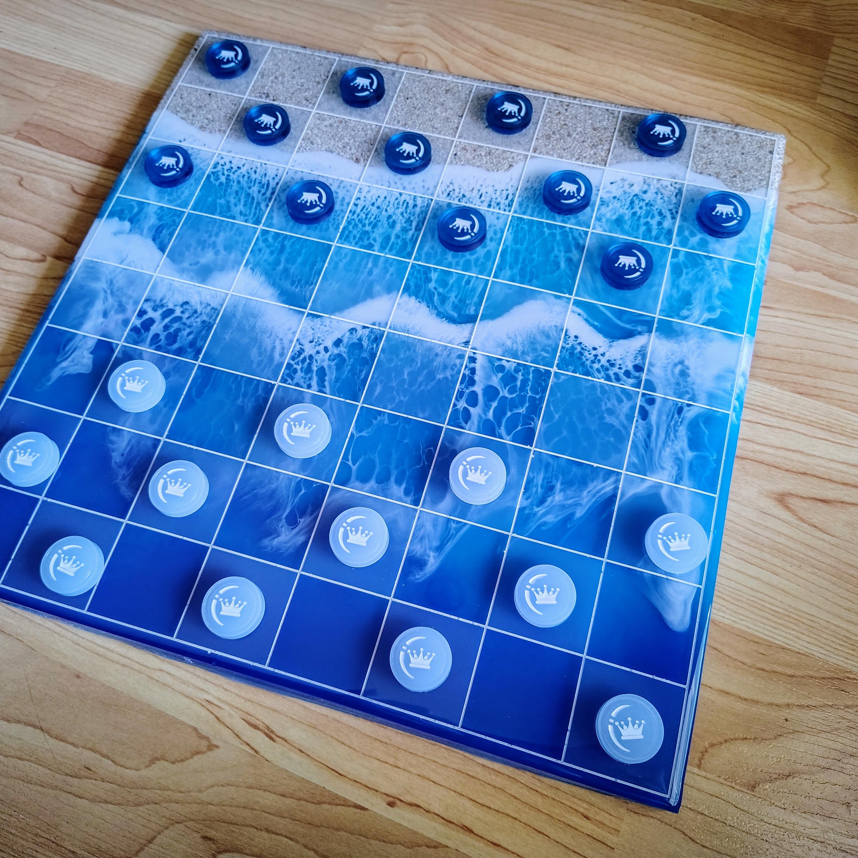15-Inch Beach Resin Chess & Checkers Set – Handmade Ocean Board - Thumbnail 2