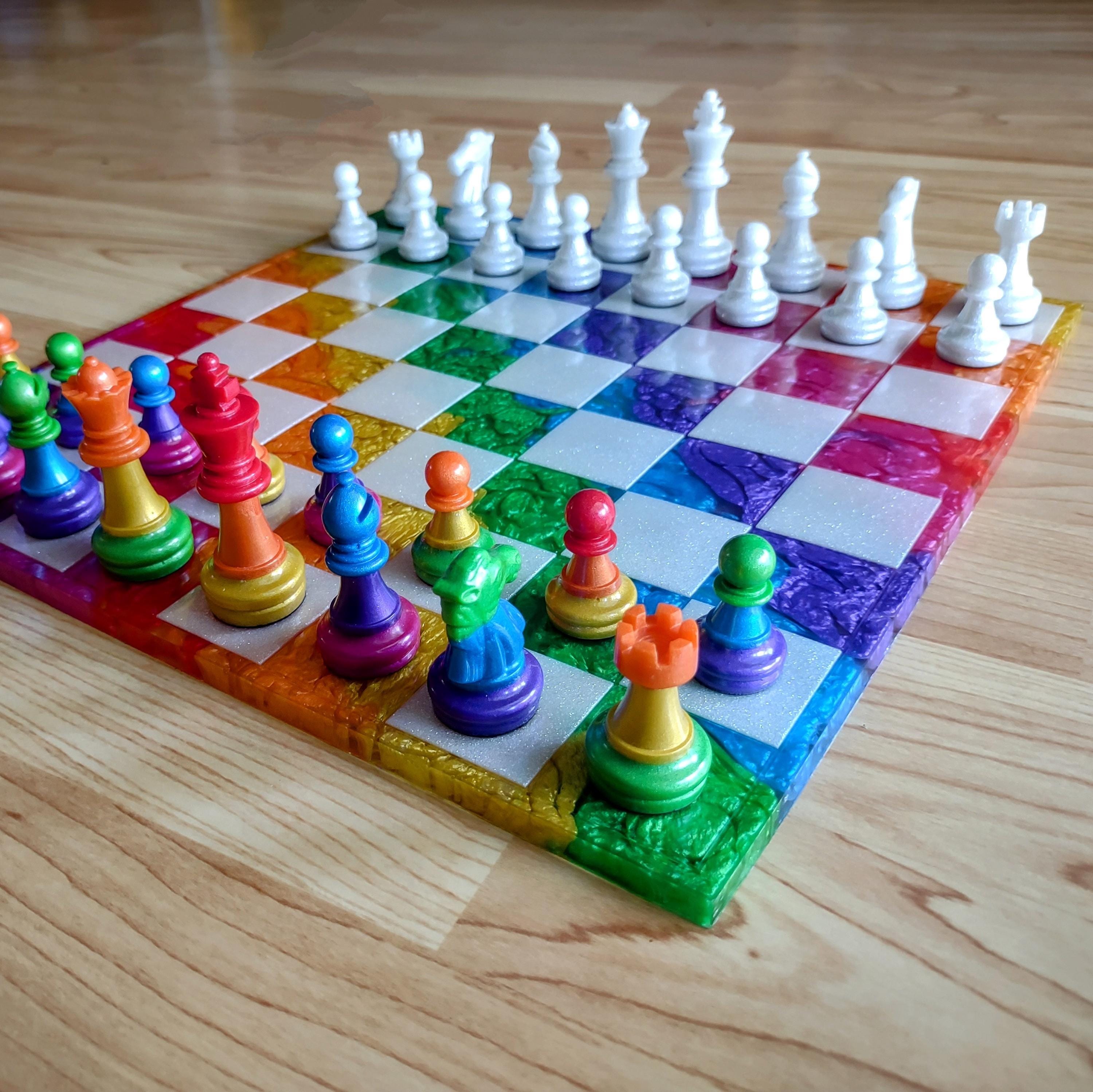 15-Inch Rainbow Resin Chess Set – Handmade Family Board Game