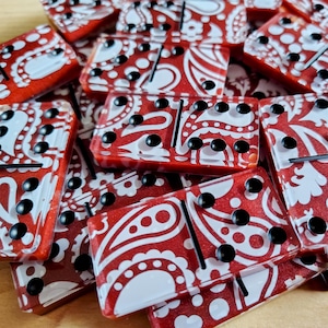 Handmade Bandana Double-Six Resin Dominoes | Unique, Colorful Domino Set with White Paisley Design | Custom Gift or Game Night Set