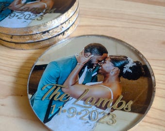 Personalized Photo Resin Coasters, Set of Four with Holder