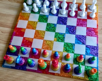 12-inch Rainbow Resin Chess Game for Kids | Handmade Colorful Chess Set for Family Fun | Perfect Holiday or Birthday Gift Idea