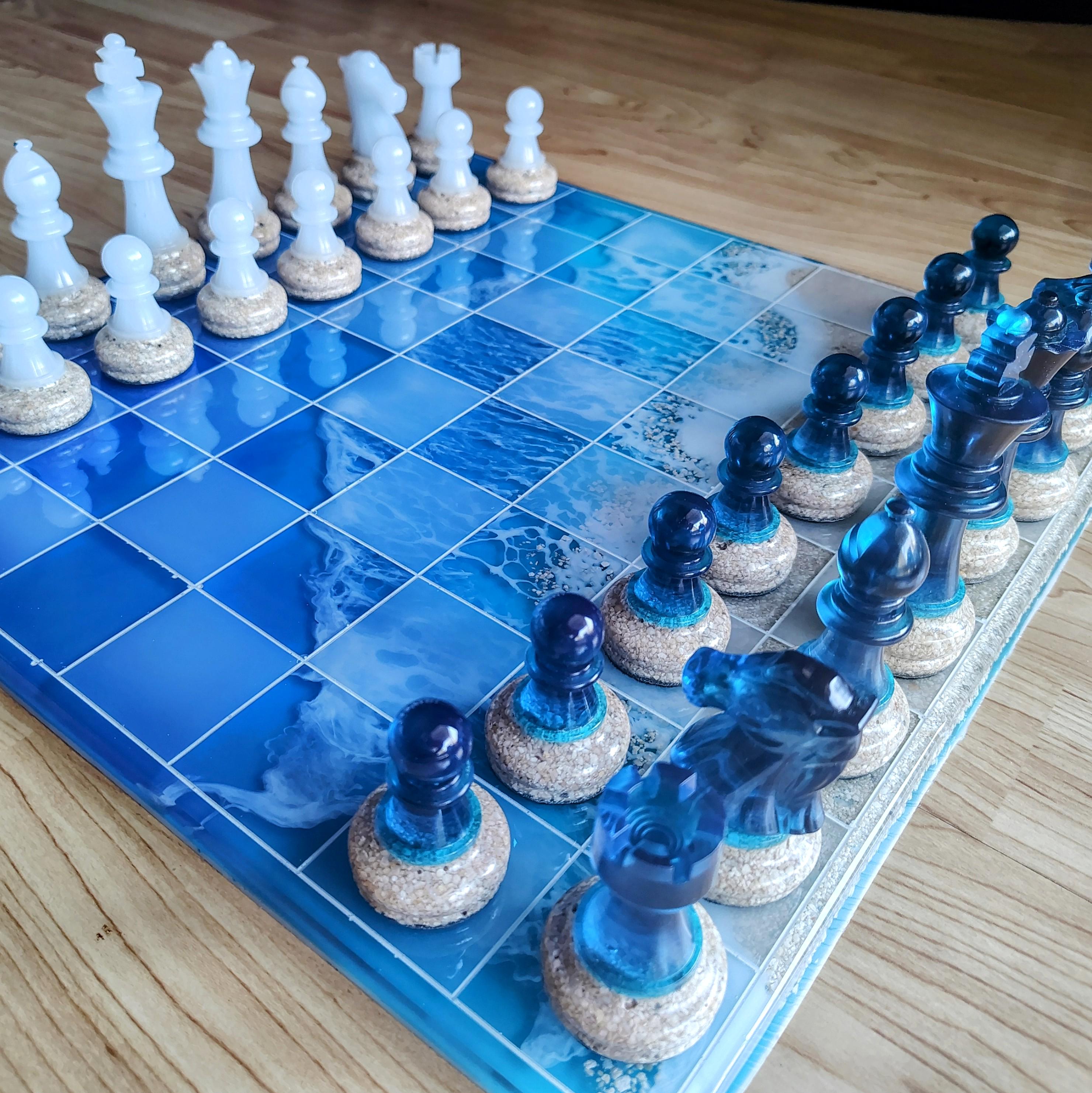 15-Inch Beach Resin Chess & Checkers Set – Handmade Ocean Board - Thumbnail 6