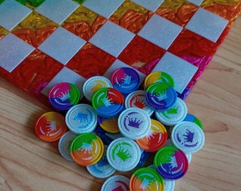 12-inch Handmade Rainbow Resin Checkers Game for Kids | Bright and Colorful Family Game Set | Fun, Durable, and Perfect for Game Night