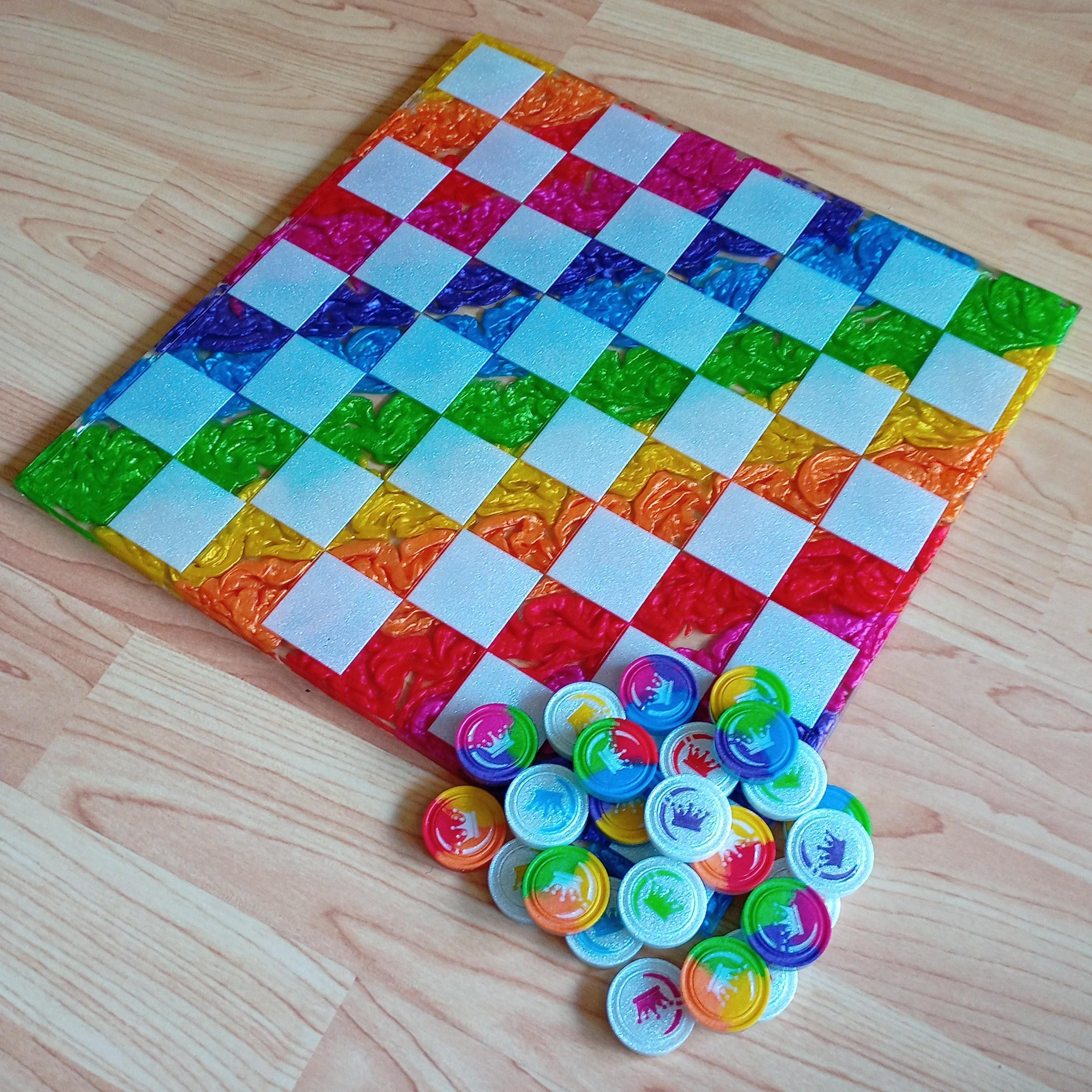 15-Inch Rainbow Resin Checkers Set – Handmade Family Game - Thumbnail 3