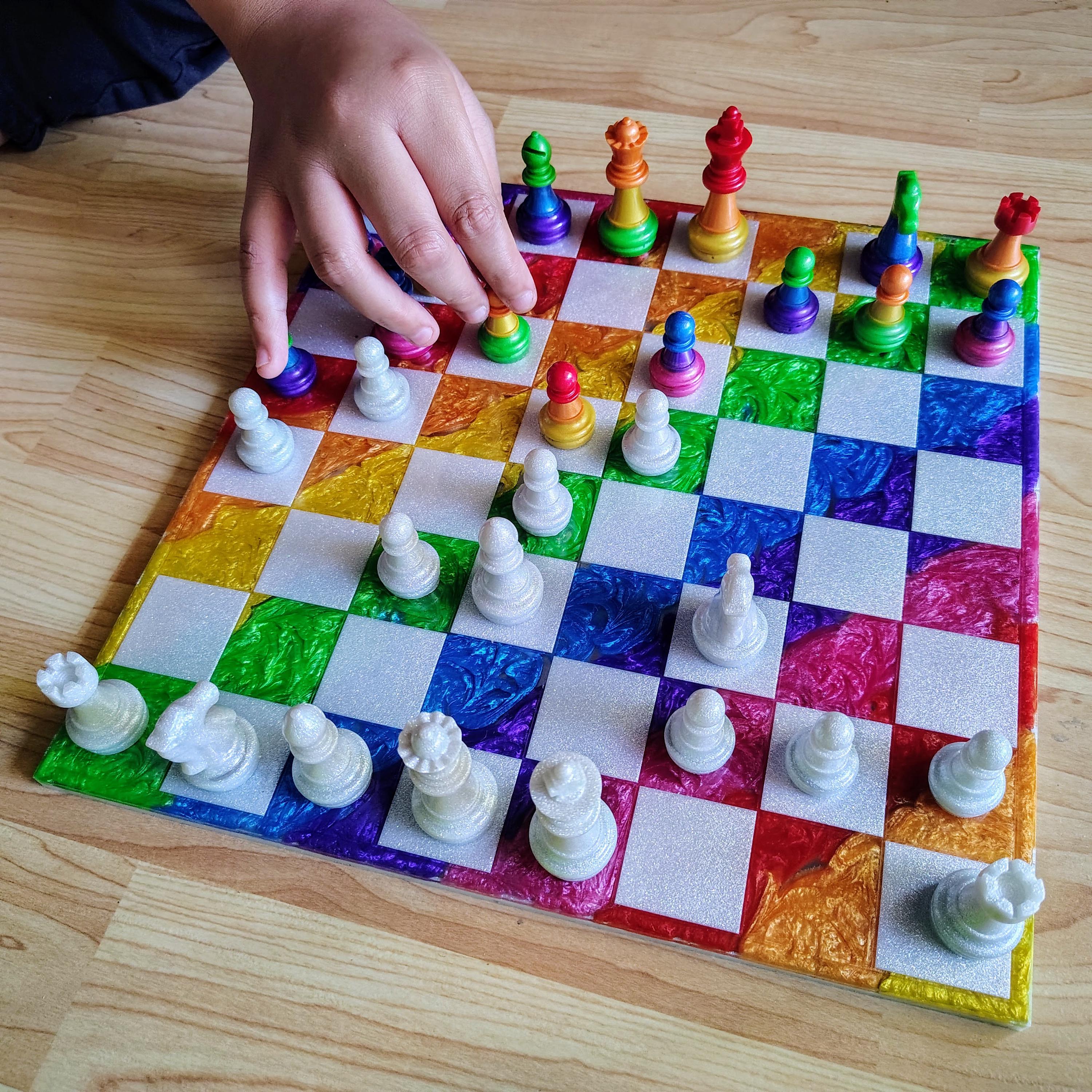 Magnetic Rainbow Resin Chess Set – Handmade Board & Pieces - Thumbnail 2