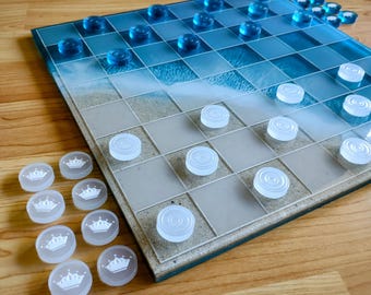 12-inch Handmade Beach Chess/Checkers Resin Set - Ocean-Inspired Beach Chess Board, Unique Resin Chess Game, Perfect Gift for Beach Lovers