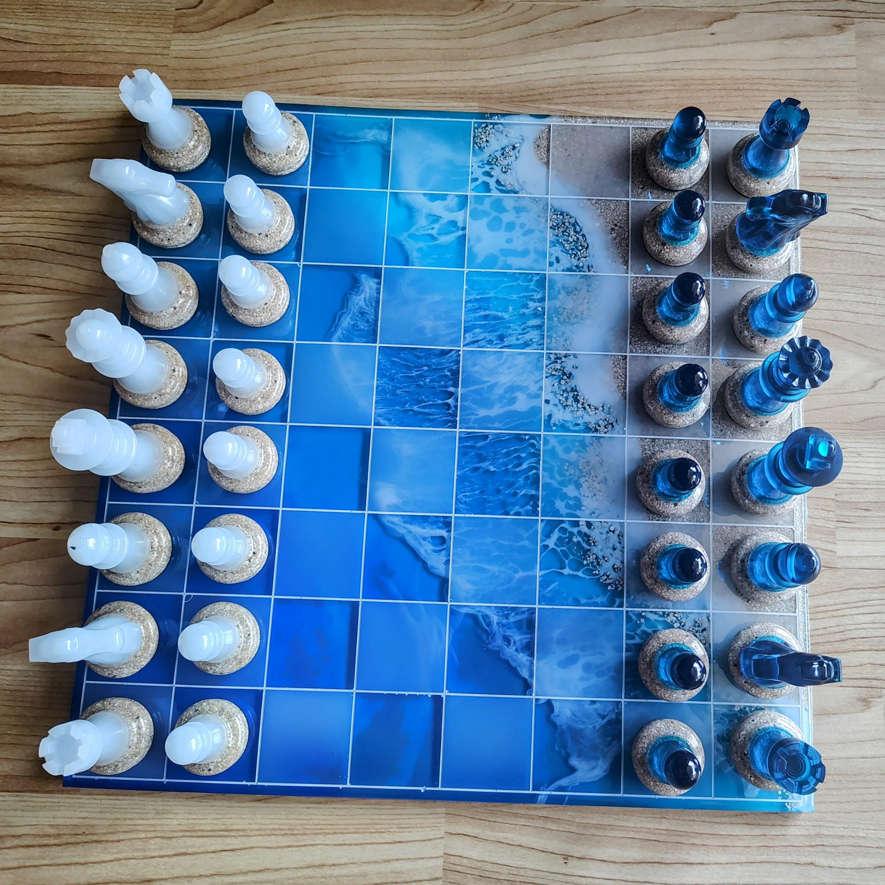 15-Inch Beach Resin Chess & Checkers Set – Handmade Ocean Board - Thumbnail 5