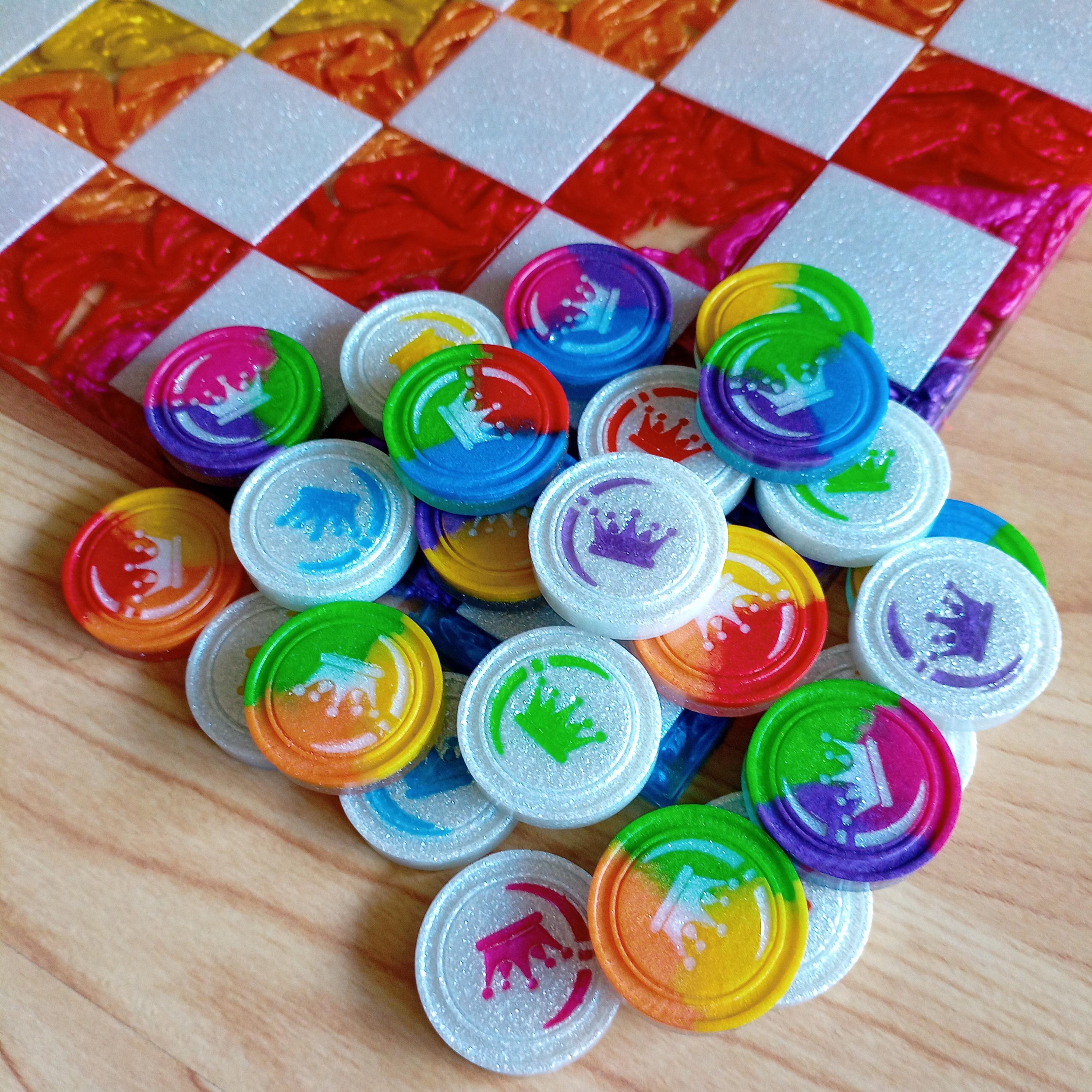 15-Inch Rainbow Resin Checkers Set – Handmade Family Game - Thumbnail 2
