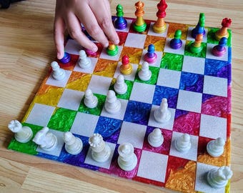 12-Inch Rainbow Resin Chess Set – Handmade Kids’ Game
