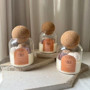 Könnte beinhalten: Drei durchsichtige Glasgefäße gefüllt mit weißem Wachs und kleinen dekorativen Kürbissen, verschlossen mit runden Korkdeckeln. Jedes Glas hat ein bogenförmiges orangefarbenes Etikett mit dem Aufdruck Pumpkin Spice und Jafine Studio Home Decor.