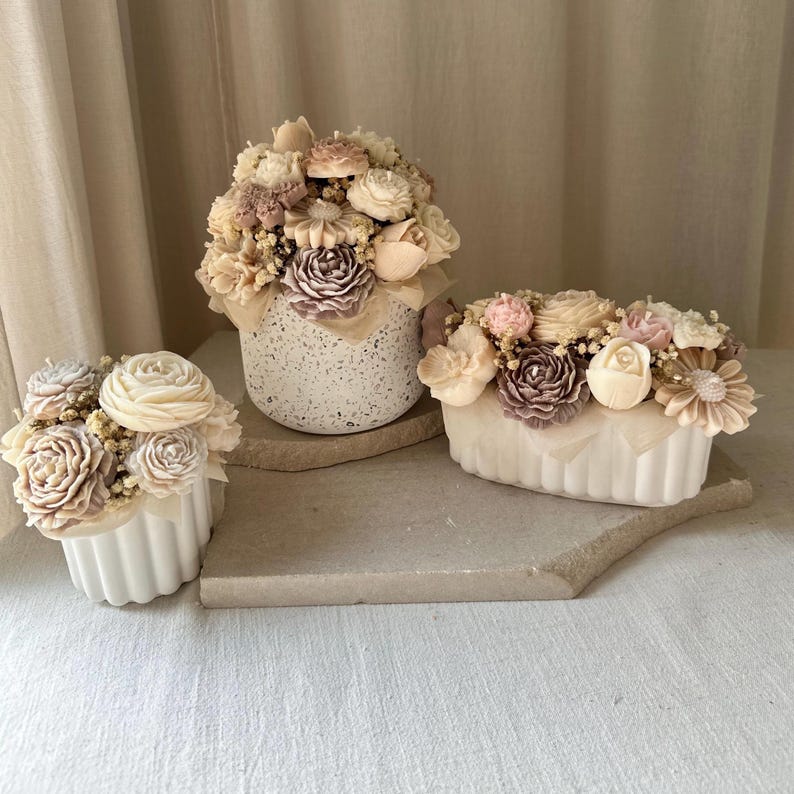 BOUQUET CERAMICS - Flower candles in ceramic containers, hand-poured flower bouquet, gift & decoration Weiß/Beige/Braun