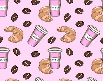 Pink Girly Cafe Seamless Pattern PNG | Coffee Cups and Croissants for Scrapbooking, Fabric Printing