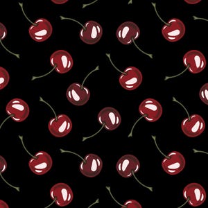 Op de afbeelding: Een herhalend patroon van rijpe kersen op een zwarte achtergrond. De kersen zijn dieprood met witte highlights en hebben elk een groene steel. Het ontwerp is eenvoudig en opvallend.