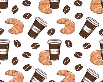 Transparent Cafe Seamless Pattern PNG | Coffee Cups and Croissants for DYI, Scrapbooking, Fabric Printing