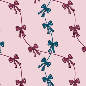May include: A repeating pattern of teal and burgundy bows on curved stems against a light pink background. The bows are evenly spaced and create a whimsical, decorative design. This pattern is suitable for various craft and design projects.