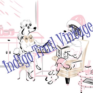 May include: Two white poodles, one wearing a pink hat, are sitting in a living room. The poodle on the left is playing a game on a table, while the poodle on the right is reading a book. The room is decorated in pink and white.