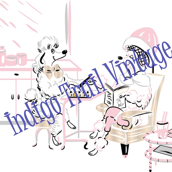 1950s Vintage Pink Poodle DIGITAL PRINT ~ Recreation of 1950s Wallpaper Poodle Print ~ Feminine Girly Image ~ Pink, Black, Gray ~ Scene 2