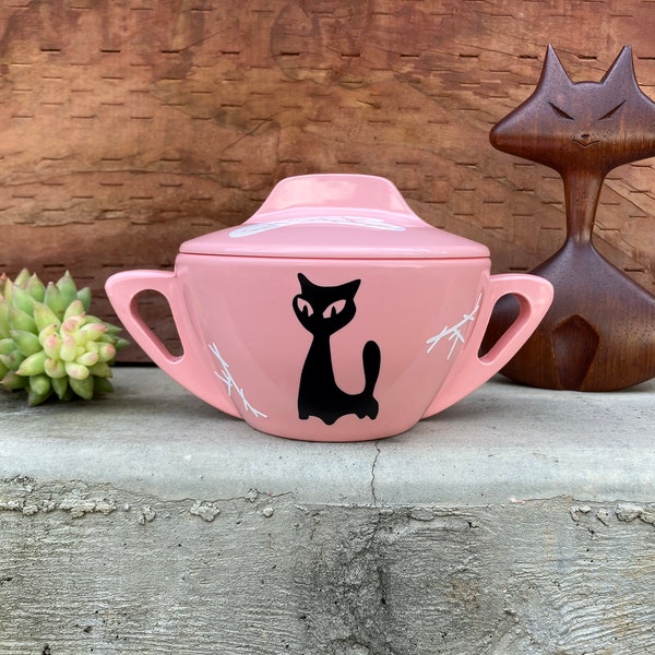 Mid Century Modern Cat Treat Jar ~ Vintage Hard Plastic Pink Sugar Bowl with Lid ~ Upscaled Sugar Jar with Lid ~ Gift for Cat Lover