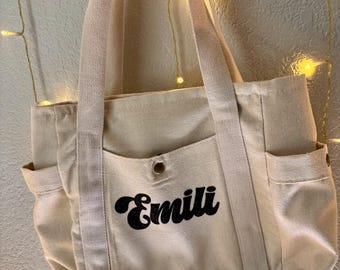 Personalized Canvas Tote Bag with Zipper | Custom Name Tote | Monogram Work, Book or Everyday Bag