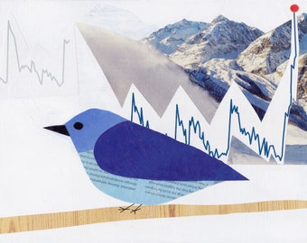 Climate Endangered Mountain Blue Bird | bird art | climate change, bird print, collage, wall art, bird lover, Audubon, climate change art