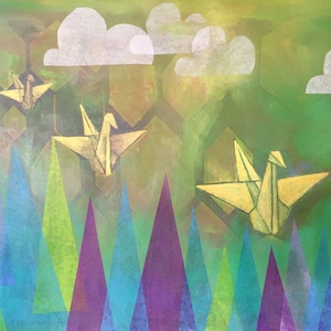 Impresión artística de paisaje abstracto de grulla de origami: Escena de montaña de Colorado